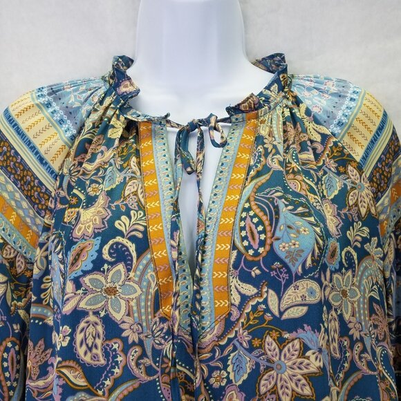 Current Air Blouse Women XS Long Sleeve Boho Paisley Satin Colorful Anthropologi - Picture 2 of 16